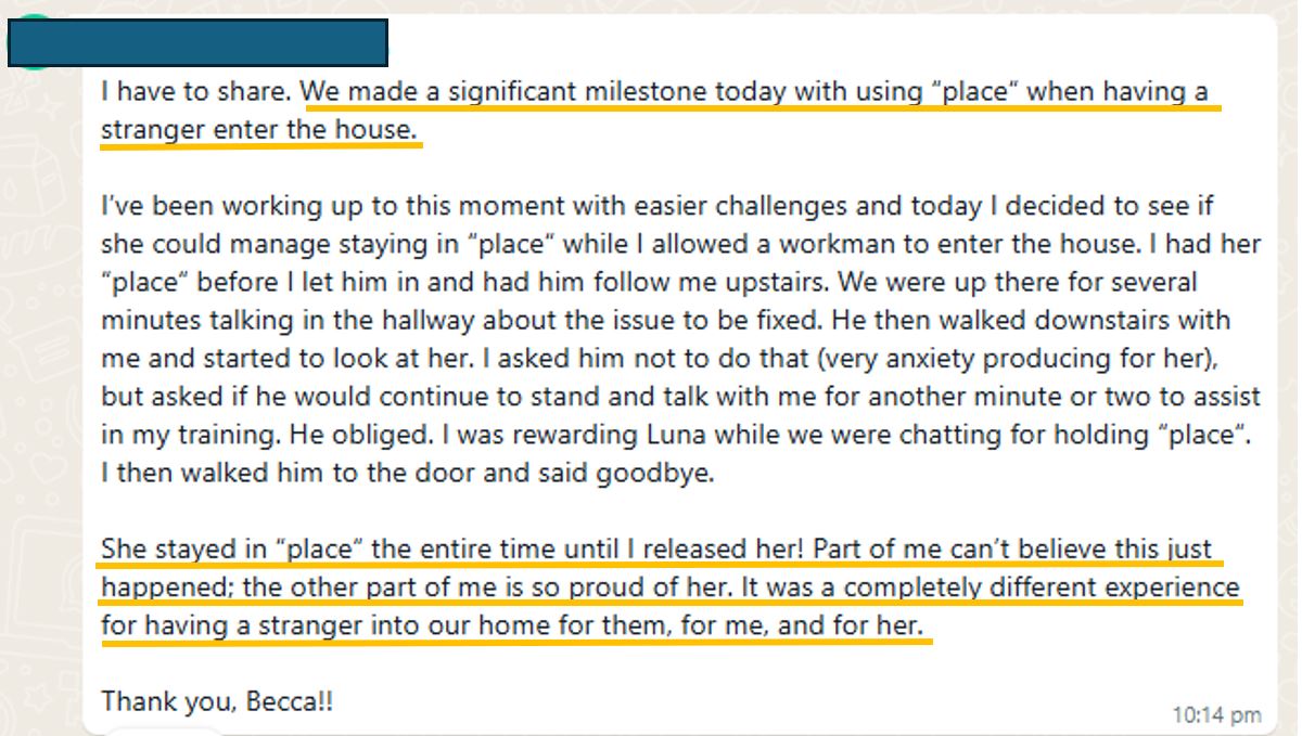 Client testimonial helping dog overcome nervous barking at guests